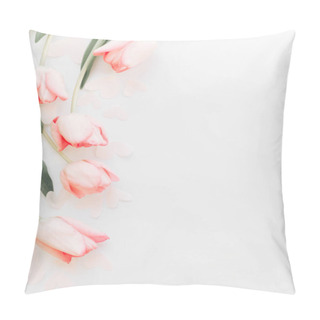 Personality  Pink Tulips Border Flat Lay On White Background, Space For Text. Stylish Soft Spring Image. Floral Greeting Card Mockup. Happy Women's Day. Happy Mothers Day. Creative Minimal Vertical Photo Pillow Covers