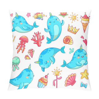 Personality  Marine Kawaii Baby Unicorn Narwhal. Swimming Blue Funny Anime Whale Vector Cartoon Clipart Pillow Covers