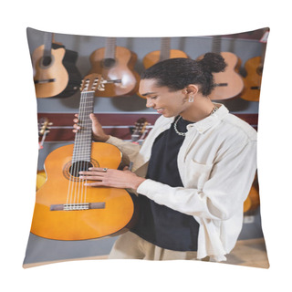 Personality  Side View Of African American Customer Holding Acoustic Guitar In Music Store  Pillow Covers
