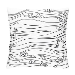 Personality  Fishes In The Sea Cartoon Hand Drawn Illustration. Pillow Covers