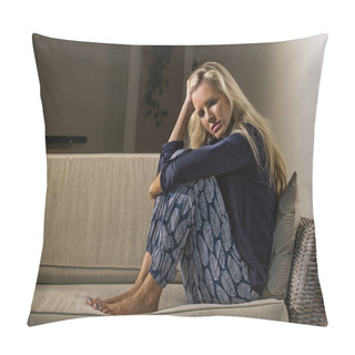 Personality  40s Depressed And Anxious Beautiful Blonde Woman Suffering Depression And Anxiety Crisis Feeling Frustrated And Thinking Lonely At Home Sofa Couch Looking Helpless In Pain And Desperate Pillow Covers