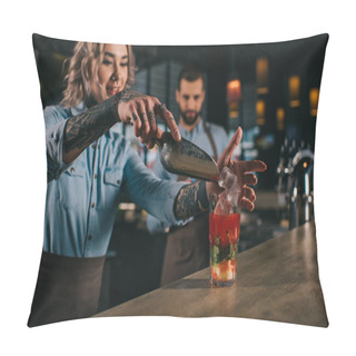 Personality  Bartender Adding Ice Into Alcohol Drink At Bar Pillow Covers