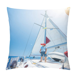 Personality  Little Boy On Board Of Sailing Yacht On Summer Cruise. Travel Adventure, Yachting With Child On Family Vacation. Pillow Covers