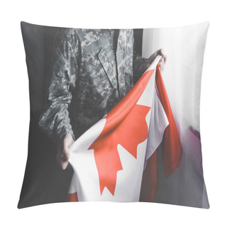 Personality  Partial View Of Man In Military Uniform Holding Canada National Flag While Standing By Window Pillow Covers