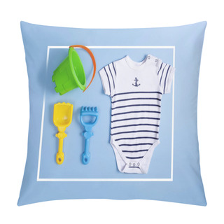 Personality  Top View Of Framed Baby Sailor Clothes, Bucket, Shovel And Beach Rake With Blue Background. Summer Concept. Pillow Covers