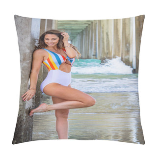 Personality  A Beautiful Brunette Bikini Model Poses Under The Pier Pillow Covers