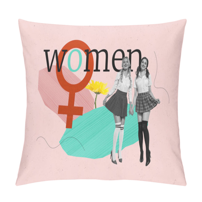 Personality  Photo Banner Collage Illustration Of Two Young Girlfriends In Mini Skirts And High Heels Seducing Isolated On Pink Color Background. Pillow Covers