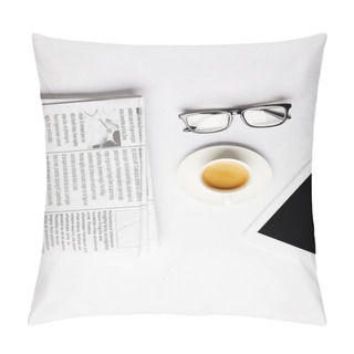 Personality  Flat Lay With Eyeglasses, Coffee, Digital Tablet And Newspapers, On White Pillow Covers