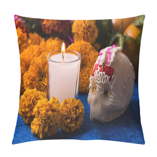 Personality  Day Of The Dead Candle And Sugar Skull Whit Cempasuchil Flower Background Pillow Covers
