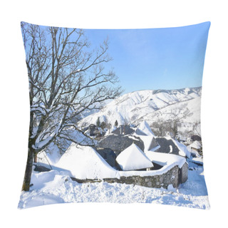 Personality  Winter Landscape With Snowy Mountain Village, Trees And Blue Sky. Piornedo, Ancares, Lugo, Galicia,  Spain. Pillow Covers