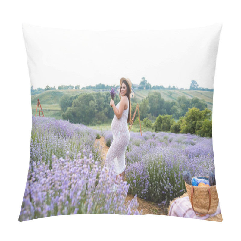 Personality  Beautiful Pregnant Woman In White Dress At Violet Lavender Field With Picnic Basket On Hay Bale Pillow Covers