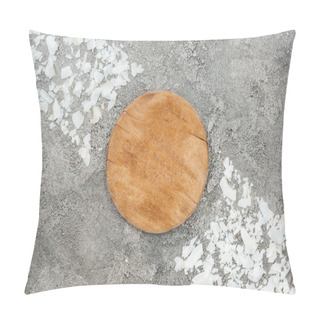 Personality  Top View Of Coconut Shavings Near Wooden Board On Grey Textured Background Pillow Covers