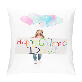 Personality  Full Length View Of Kid Holding Placard And Balloons Isolated On White Pillow Covers