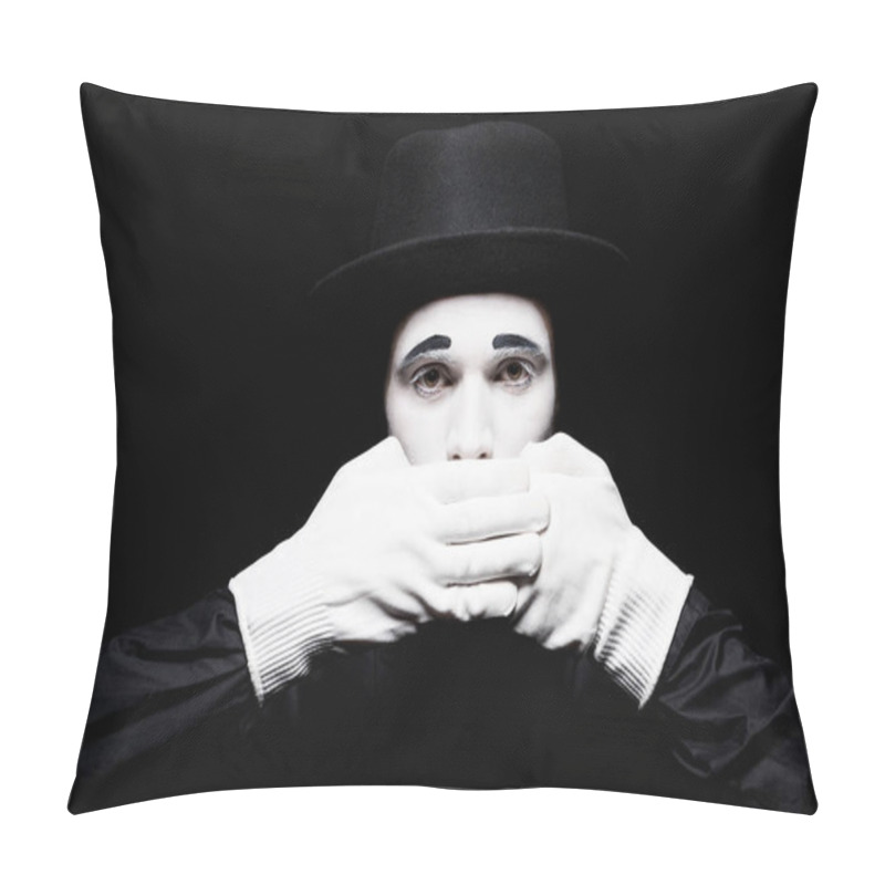 Personality  mime covering mouth and looking at camera isolated on black pillow covers