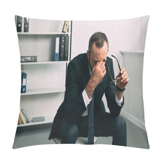 Personality  Portrait Of Overworked Businessman In Suit With Eyeglasses In Office Pillow Covers
