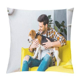 Personality  Handsome Man With Beagle Dog On Sofa At Home Pillow Covers