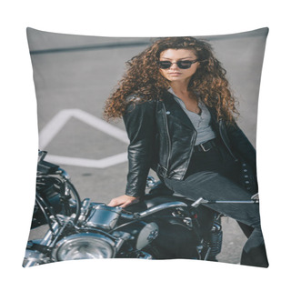Personality  Beautiful Woman In Sunglasses Sitting On Vintage Motorbike On Parking Pillow Covers