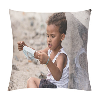 Personality  Poor African American Boy Holding Dirty Medical Mask Outside Pillow Covers