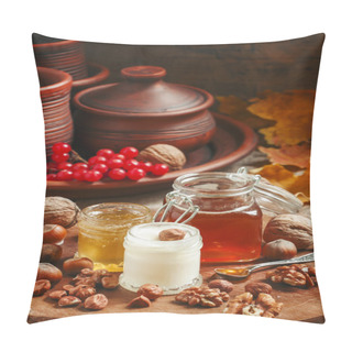 Personality  Three Types Of Honey With Walnuts And Hazelnuts  Pillow Covers
