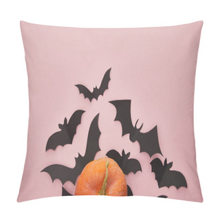 Personality  Top View Of Pumpkin And Paper Bats On Pink Background, Halloween Decoration Pillow Covers