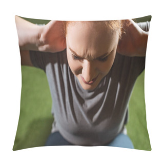 Personality  Overhead View Of Purposeful Overweight Girl Doing Abs Exercise On Fitness Machine  Pillow Covers