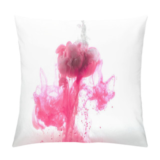 Personality  Close Up View Of Pink Flower And Ink Splashes Isolated On White Pillow Covers