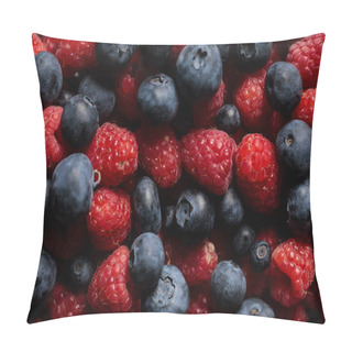 Personality  Close Up View Of Delicious And Fresh Ripe Mixed Raspberries And Blueberries  Pillow Covers