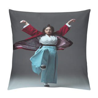 Personality  Full Length View Of Asian Woman In Traditional Japanese Kimono Looking At Camera On Grey Pillow Covers