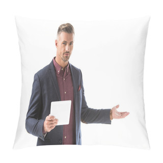 Personality  Man In Jacket Holding Digital Tablet And Doing Invite Gesture Isolated On White Pillow Covers