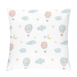 Personality  Watercolor Seamless Pattern With Air Baloons, Sky, Clouds, Stars, In Cute Baby Stitch Embroidery Style. Ready Print For Wallpapers In Childroom. Pillow Covers