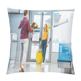 Personality  Back View Of Boyfriend With Flowers Meeting Happy Girlfriend With Suitcase In Airport  Pillow Covers