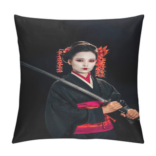 Personality  Beautiful Geisha In Black Kimono With Red Flowers In Hair Holding Katana Isolated On Black Pillow Covers