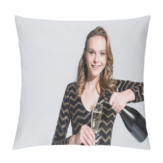 Personality  Happy Woman Holding Glass While Pouring Champagne From Bottle Isolated On Grey Pillow Covers