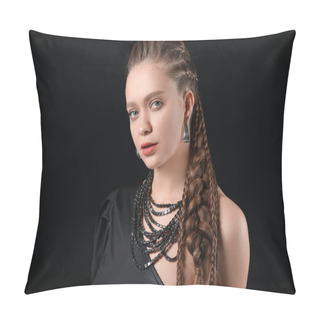 Personality  Beautiful Young Woman With Braided Hair On Dark Background Pillow Covers