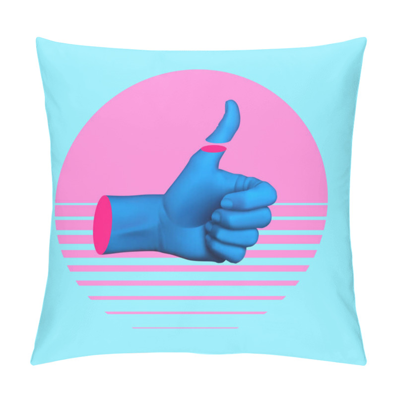Personality  Contemporary art collage with hand showing thumb up. Memphis style poster concept. Minimal art, 3d illustration. pillow covers