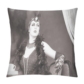 Personality  Retro Woman 1920s - 1930s Sitting With Cup Of Tea Pillow Covers