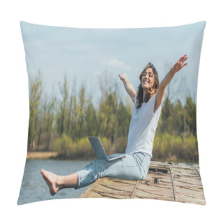 Personality  Cheerful Woman With Outstretched Hands Sitting With Laptop Near Lake  Pillow Covers