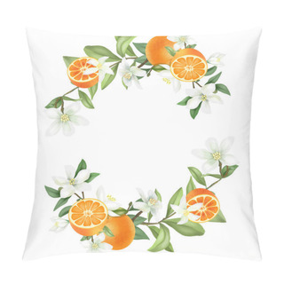 Personality  Wreath Of Hand Drawn Blooming Mandarin Tree Branches, Mandarin Flowers And Mandarins, Isolated Illustration On A White Background Pillow Covers