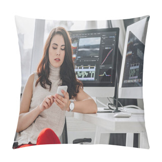 Personality  Attractive Art Editor Using Smartphone Near Computer Monitors  Pillow Covers