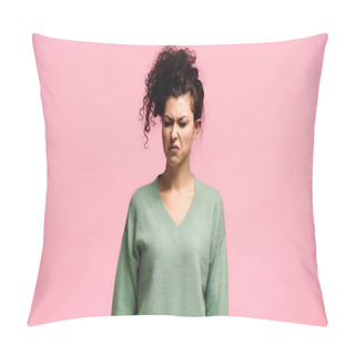 Personality  Young Woman Grimacing While Feeling Disgusted Isolated On Pink Pillow Covers