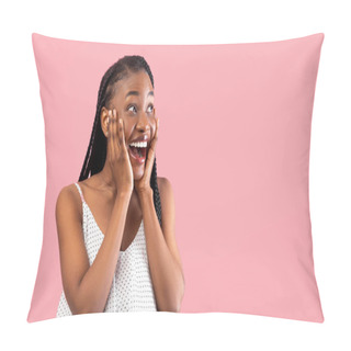 Personality  Black Woman In Summer Dress Touching Her Face, Looking Aside At Empty Space In Excitement On Pink Studio Background Pillow Covers