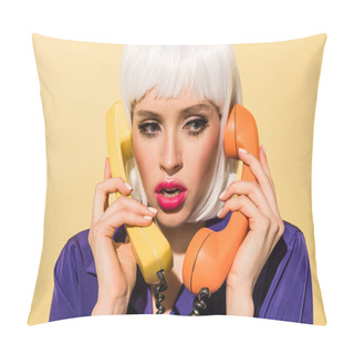 Personality  Amazed Woman In White Wig Holding Handsets Isolated On Yellow Pillow Covers