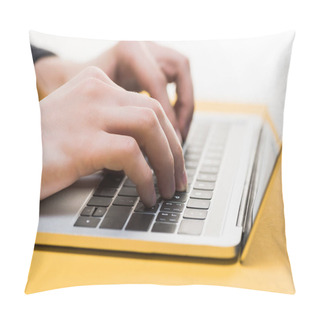 Personality  Close Up Of Hacker Using Laptop Isolated On White  Pillow Covers