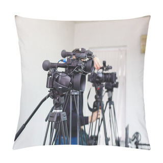 Personality  Two Professional Video Camera On Tripod. Panasonic Camera. Isolated On White Background Pillow Covers