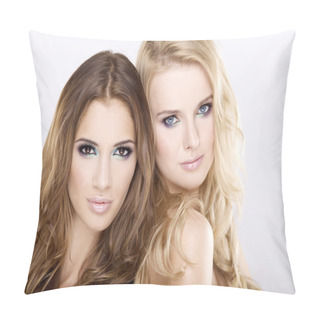 Personality  Two Smiling Girl Friends - Blond And Brunette Pillow Covers