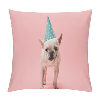 Personality  French Bulldog With Blue Birthday Cap On Pink Background Pillow Covers