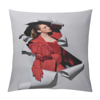 Personality  Stylish Woman In Red Blazer And Gloves Breaking Though Hole In Torn Grey Background, Conceptual Pillow Covers