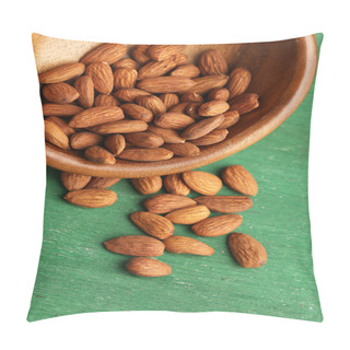 Personality  Almonds In Bowl On Color Wooden Background Pillow Covers