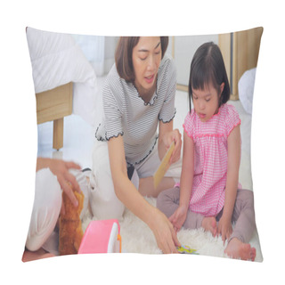 Personality  Happy Family With Mother, Father And Disabled Daughter Spending Time Together In Bedroom. Pillow Covers