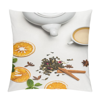 Personality  Top View Of Teapot Near Dry Tea, Spices And Mint On White Background  Pillow Covers